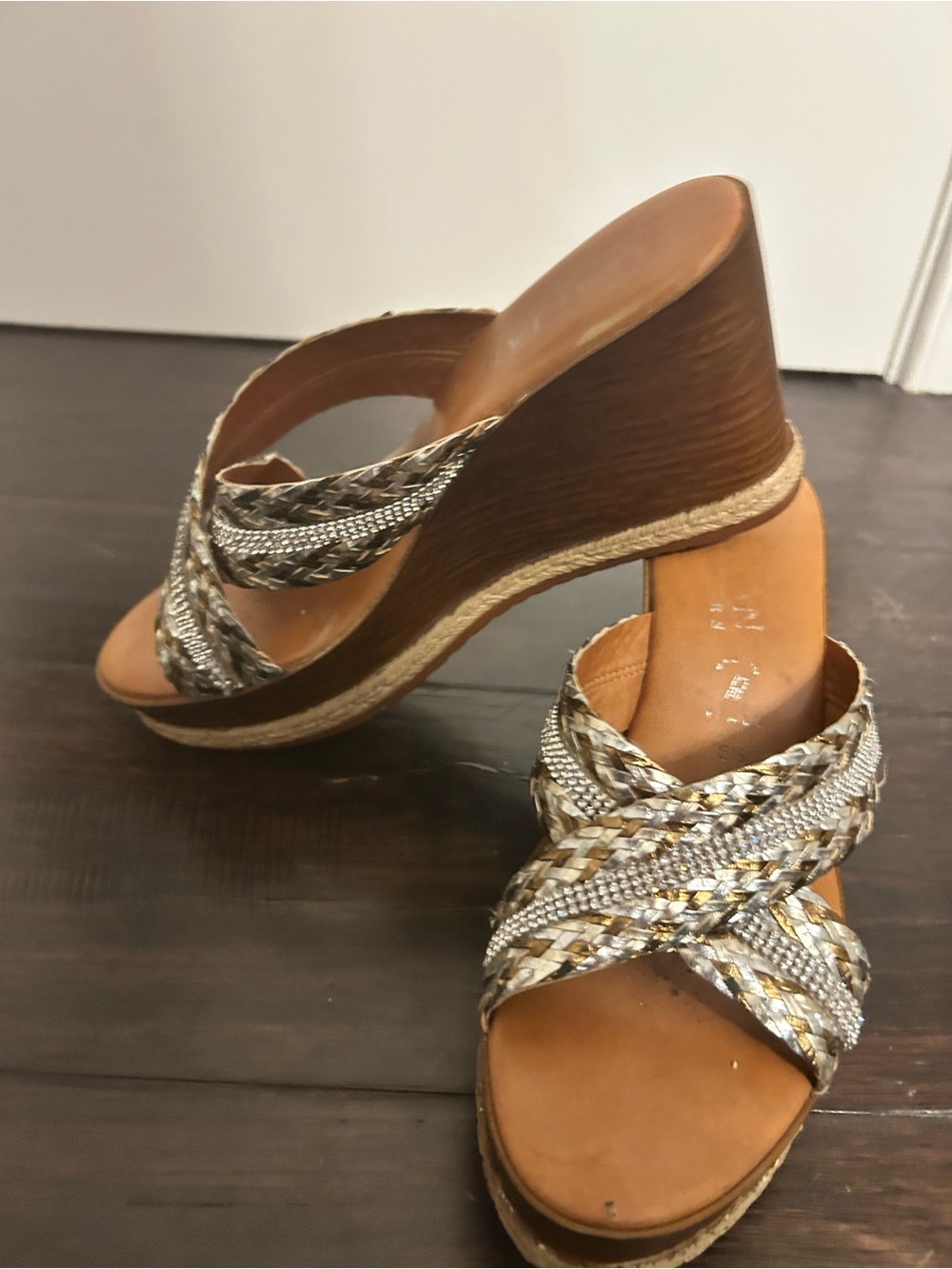 Milani Braided Metallic Strappy Wedge Sandals - Tan and Silver